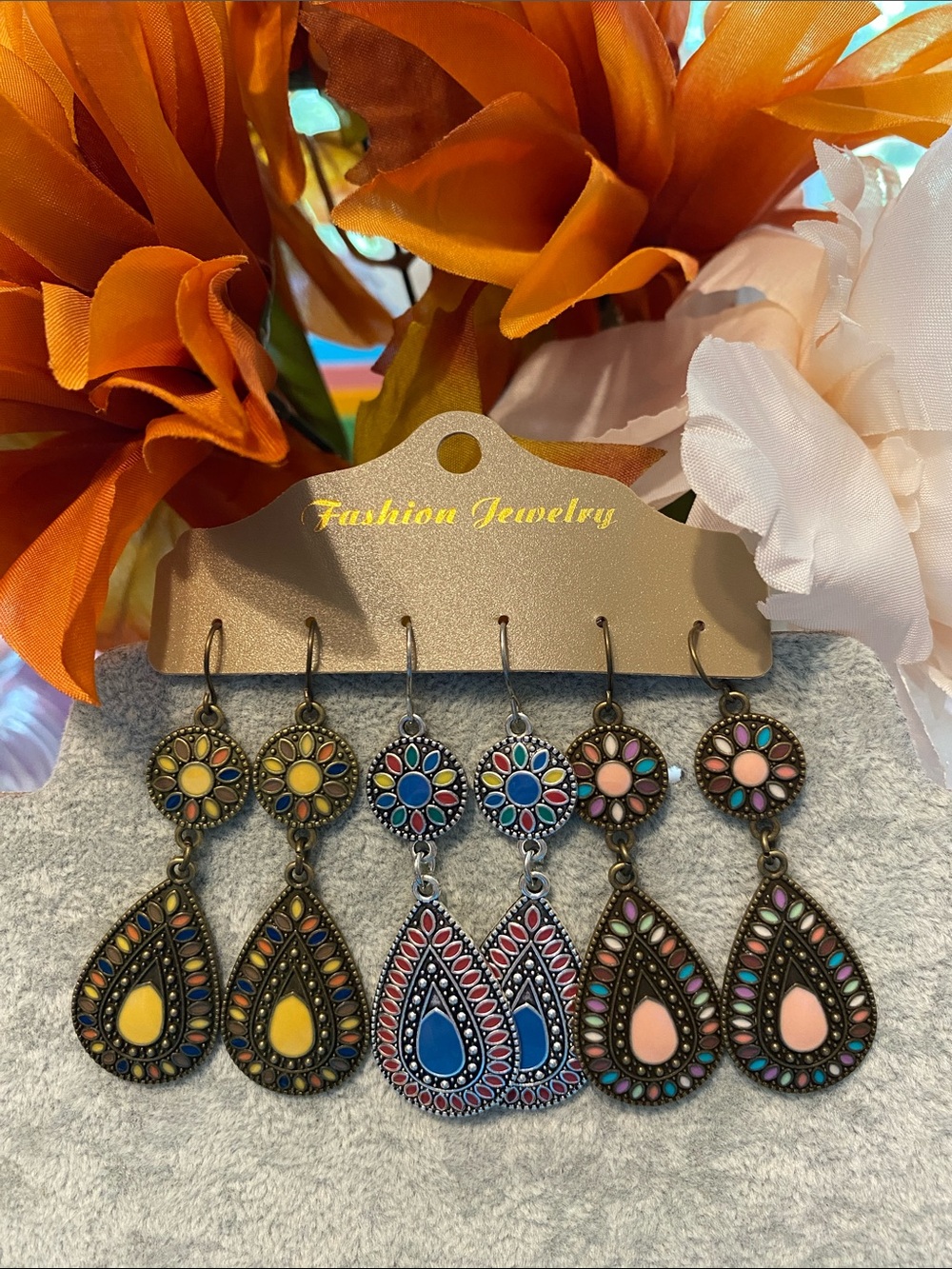 Fashion Jewelry Boho Teardrop Earrings - Yellow, Blue & Pink